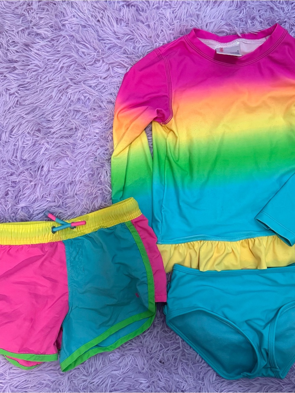 Ruffle Butts Rainbow Ombre Pink Yellow Green Blue Kids Rashguard Set